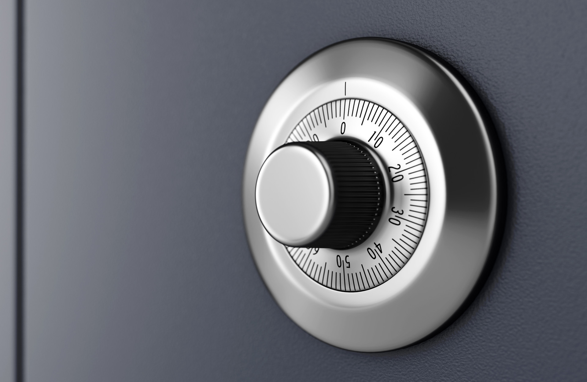 Safe door with code dial. Close-up of combination lock. Security concept. 3D illustration